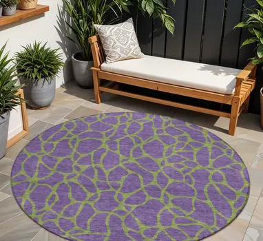 8' Purple And Green Round Geometric Washable Indoor Outdoor Area Rug
