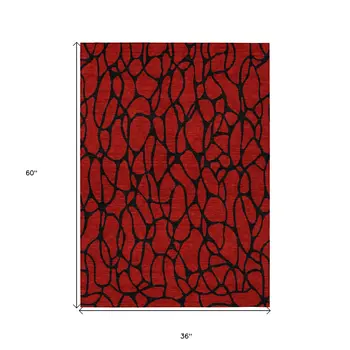 3' X 5' Red And Black Geometric Washable Indoor Outdoor Area Rug
