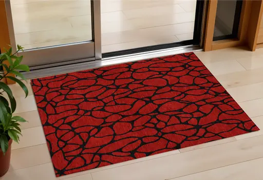 3' X 5' Red And Black Geometric Washable Indoor Outdoor Area Rug