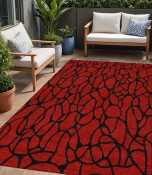 5' X 8' Red And Black Geometric Washable Indoor Outdoor Area Rug
