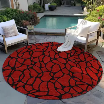 8' Red And Black Round Geometric Washable Indoor Outdoor Area Rug