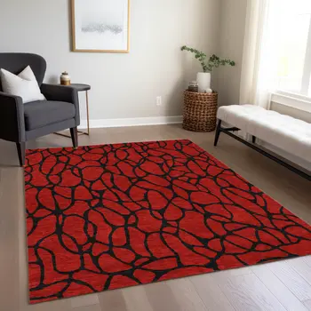 10' X 14' Red And Black Geometric Washable Indoor Outdoor Area Rug