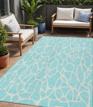 5' X 8' Aqua And Ivory Geometric Washable Indoor Outdoor Area Rug