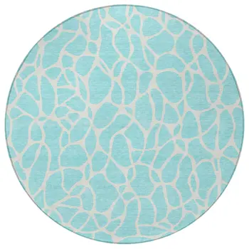 8' Aqua And Ivory Round Geometric Washable Indoor Outdoor Area Rug