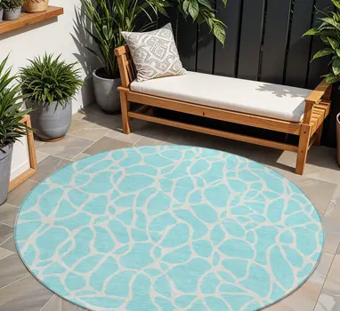 8' Aqua And Ivory Round Geometric Washable Indoor Outdoor Area Rug