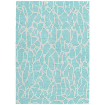 9' X 12' Aqua And Ivory Geometric Washable Indoor Outdoor Area Rug