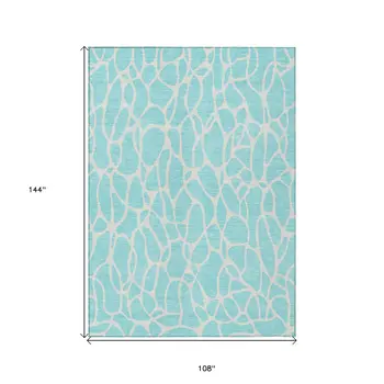 9' X 12' Aqua And Ivory Geometric Washable Indoor Outdoor Area Rug