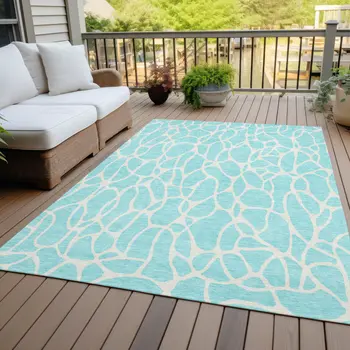 9' X 12' Aqua And Ivory Geometric Washable Indoor Outdoor Area Rug