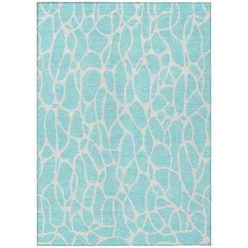 9' X 12' Aqua And Ivory Geometric Washable Indoor Outdoor Area Rug