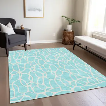9' X 12' Aqua And Ivory Geometric Washable Indoor Outdoor Area Rug