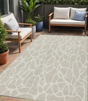 5' X 8' Beige And Ivory Geometric Washable Indoor Outdoor Area Rug