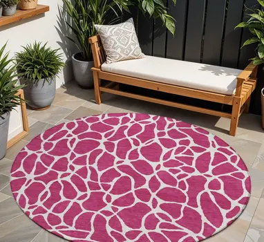 8' Blush And Ivory Round Geometric Washable Indoor Outdoor Area Rug