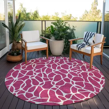 8' Blush And Ivory Round Geometric Washable Indoor Outdoor Area Rug