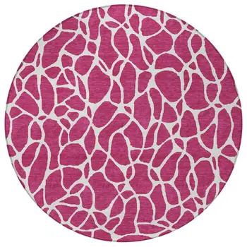 8' Blush And Ivory Round Geometric Washable Indoor Outdoor Area Rug