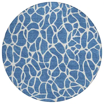8' Blue And Ivory Round Geometric Washable Indoor Outdoor Area Rug