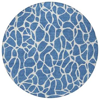 8' Blue And Ivory Round Geometric Washable Indoor Outdoor Area Rug
