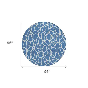 8' Blue And Ivory Round Geometric Washable Indoor Outdoor Area Rug