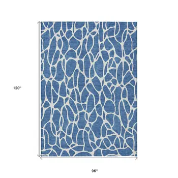 8' X 10' Blue And Ivory Geometric Washable Indoor Outdoor Area Rug