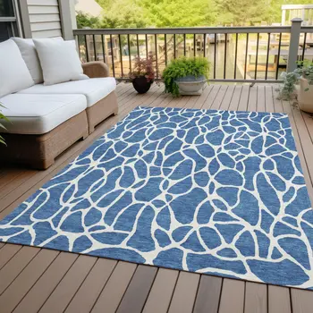 9' X 12' Blue And Ivory Geometric Washable Indoor Outdoor Area Rug