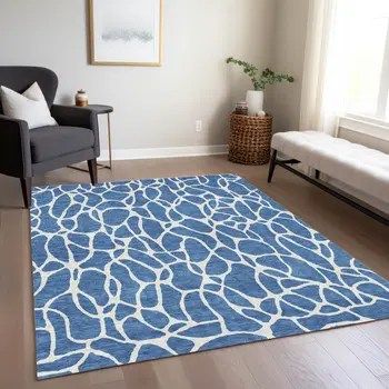 9' X 12' Blue And Ivory Geometric Washable Indoor Outdoor Area Rug