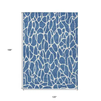 10' X 14' Blue And Ivory Geometric Washable Indoor Outdoor Area Rug