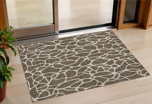 3' X 5' Brown And Beige Geometric Washable Indoor Outdoor Area Rug