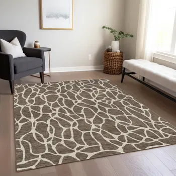 3' X 5' Brown And Beige Geometric Washable Indoor Outdoor Area Rug