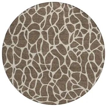 8' Brown And Beige Round Geometric Washable Indoor Outdoor Area Rug