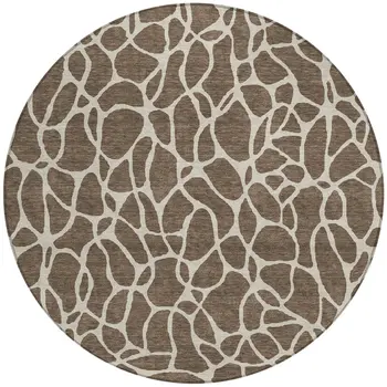 8' Brown And Beige Round Geometric Washable Indoor Outdoor Area Rug