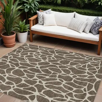 8' X 10' Brown And Beige Geometric Washable Indoor Outdoor Area Rug