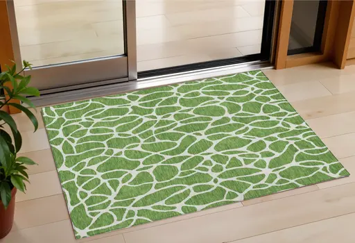 3' X 5' Green And Ivory Geometric Washable Indoor Outdoor Area Rug