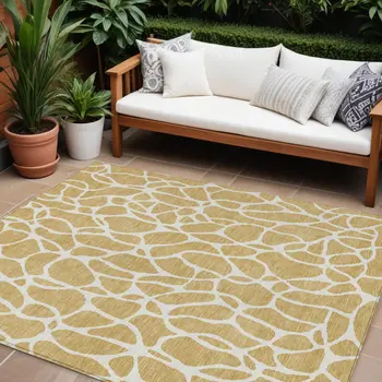 10' X 14' Gold And Ivory Geometric Washable Indoor Outdoor Area Rug