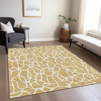 10' X 14' Gold And Ivory Geometric Washable Indoor Outdoor Area Rug