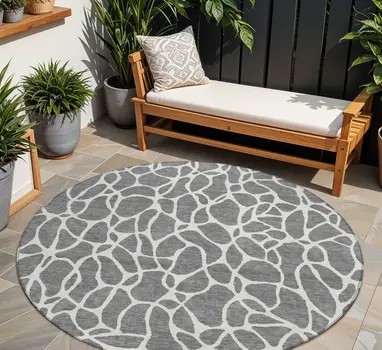 8' Gray And Ivory Round Geometric Washable Indoor Outdoor Area Rug