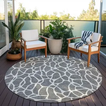 8' Gray And Ivory Round Geometric Washable Indoor Outdoor Area Rug