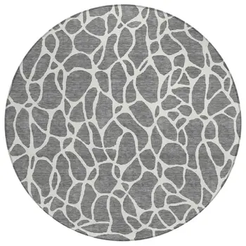 8' Gray And Ivory Round Geometric Washable Indoor Outdoor Area Rug