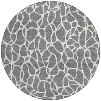 8' Gray And Ivory Round Geometric Washable Indoor Outdoor Area Rug