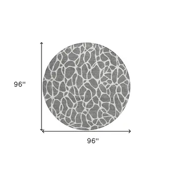 8' Gray And Ivory Round Geometric Washable Indoor Outdoor Area Rug
