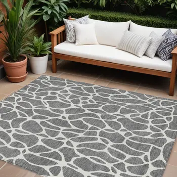 8' X 10' Gray And Ivory Geometric Washable Indoor Outdoor Area Rug