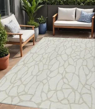 5' X 8' Ivory And Beige Geometric Washable Indoor Outdoor Area Rug