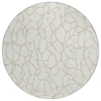 8' Ivory And Beige Round Geometric Washable Indoor Outdoor Area Rug