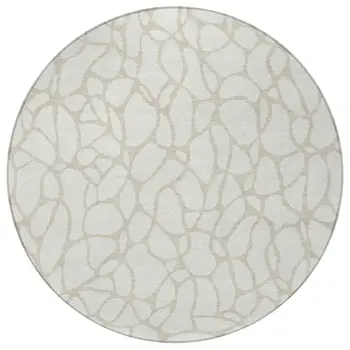 8' Ivory And Beige Round Geometric Washable Indoor Outdoor Area Rug