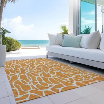 5' X 8' Orange And Ivory Geometric Washable Indoor Outdoor Area Rug
