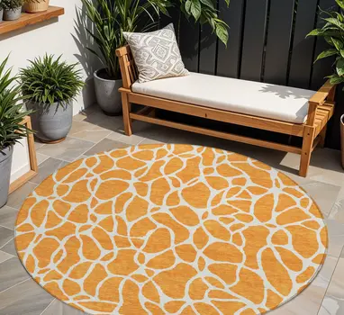 8' Orange And Ivory Round Geometric Washable Indoor Outdoor Area Rug