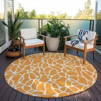 8' Orange And Ivory Round Geometric Washable Indoor Outdoor Area Rug
