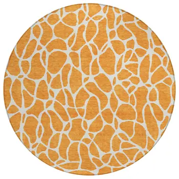8' Orange And Ivory Round Geometric Washable Indoor Outdoor Area Rug
