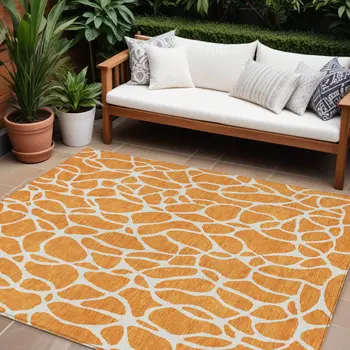 10' X 14' Orange And Ivory Geometric Washable Indoor Outdoor Area Rug
