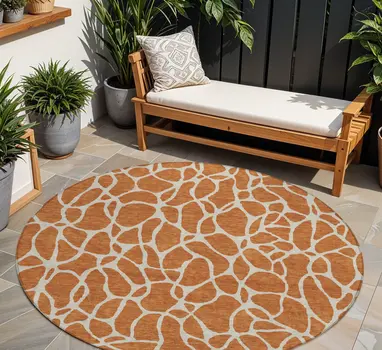 8' Brown And Beige Round Geometric Washable Indoor Outdoor Area Rug