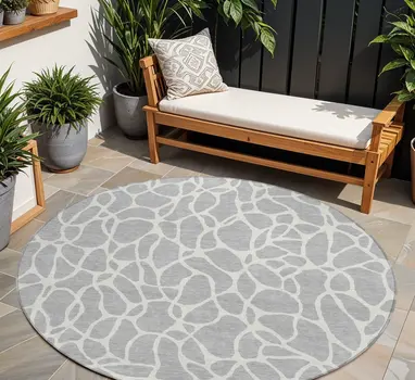 8' Silver And Ivory Round Geometric Washable Indoor Outdoor Area Rug