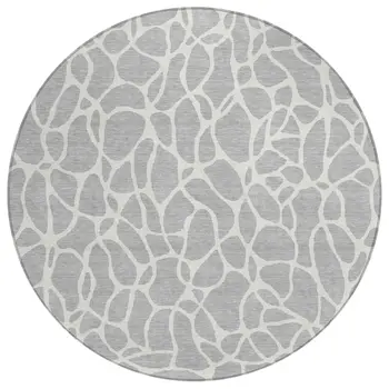 8' Silver And Ivory Round Geometric Washable Indoor Outdoor Area Rug
